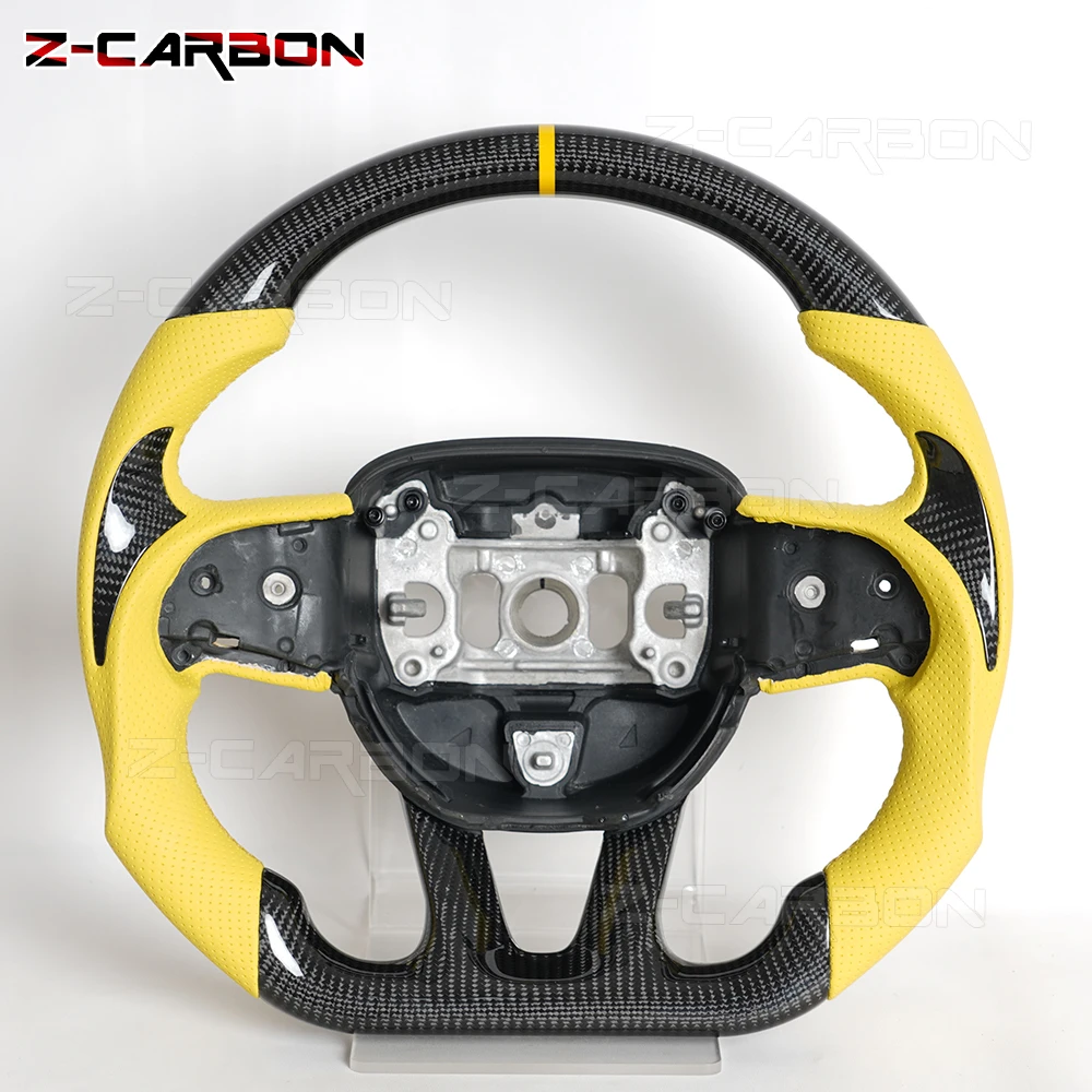 

For Dodge Challenger Charger HELLCAT 2015-2022 Dry Carbon Fiber Steering Wheel Yellow Perforated Leather With Black Patches
