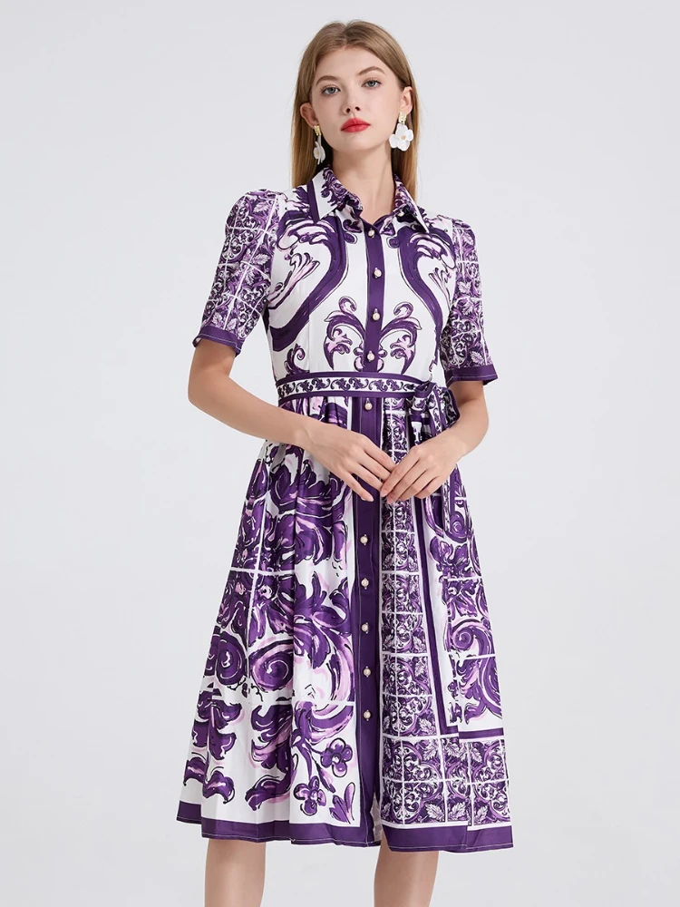 Sommer Gedruckt Hemd Kleid Frauen Vintage Revers Krawatte Taille Cinching Elegante Abend Party Kleider Damen A-linie Schlank Lila Robe