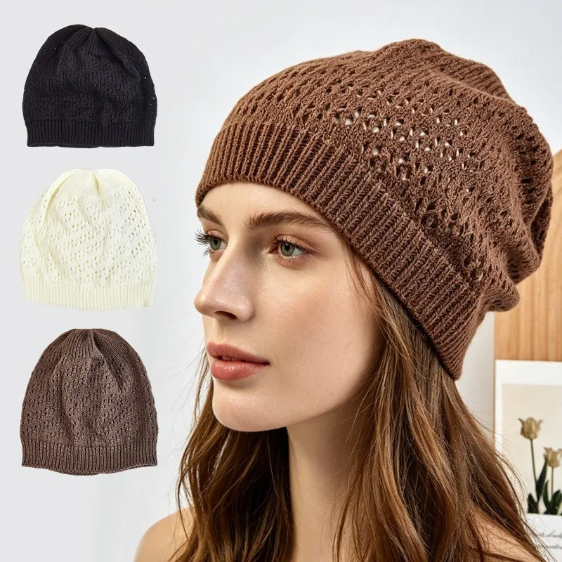 Stylish Warm Thick Knitted Wool Beanie Hat for Women Autumn Winter Hollow Out Pick Hole Design Face Slimming Cozy Soft Cap