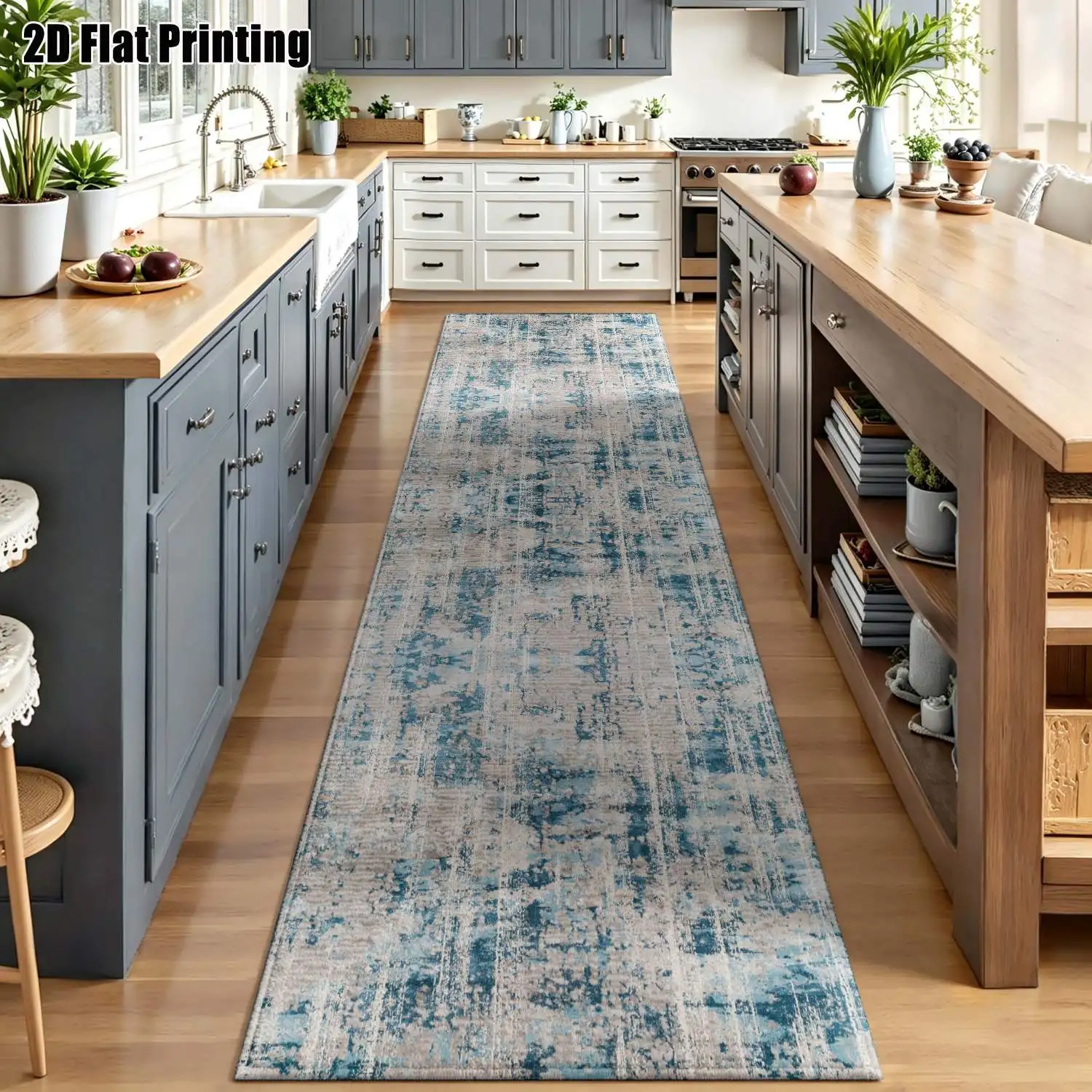 1Pc 2D Printed Long Strip Rug: Blue-Grey Abstract Art, Nordic/Instagram/Minimalist/Vintage Geometric Striped Design, Home Decor, Multi-Size, Machine-Washable, for Corridor, Entrance, Living Room, Bedroom