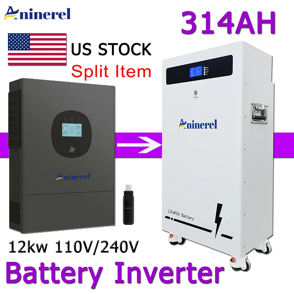 Aninerel 12kW 48V Split Phase Inverter Off-grid Inverter 16kWh 51.2V 300Ah 100AH Lithium LiFePO4 Battery 48V 100AH for Home Backup Emergency Use