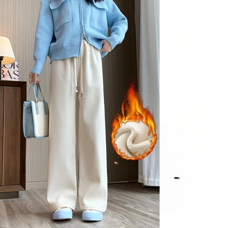 Флисовые широкие брюки, женские осенние и зимние драпированные брюки с высокой талией, свободные и тонкие вельветовые прямые белые повседневные брюки для мытья полов