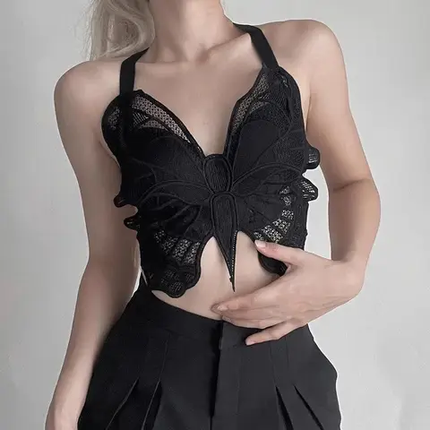 여름 레이스 나비 탑 여성 섹시 노출 배꼽 패드 내장 캐미솔 탱크탑 캐미솔 솔리드 브라원피스 고정컵 섹시 백 언더웨어