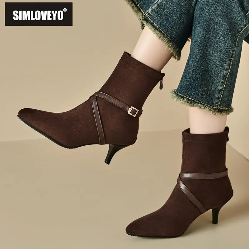 

SIMLOVEYO брендовые пикантные женские ботильоны с круглым носком, 6 см, на тонком каблуке, из флока, замши, на молнии, с пряжкой, большие размеры 46-48, для свиданий Bota
