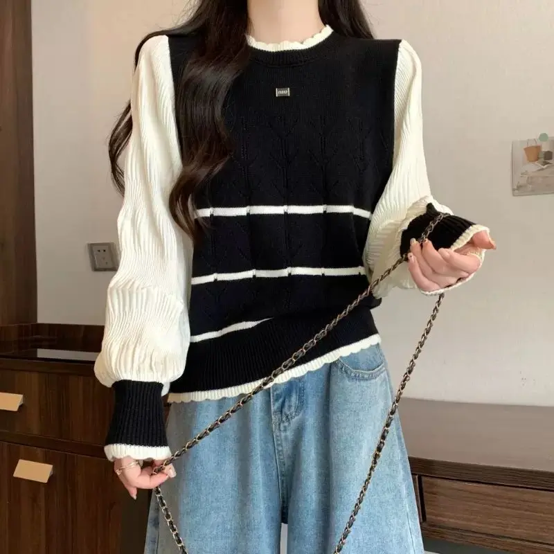 Women\'s 2024 Spring New Spliced Knitted Contrast Color Round Neck Fashion Solid Color Loose Casual Long Sleeve Versatile Top