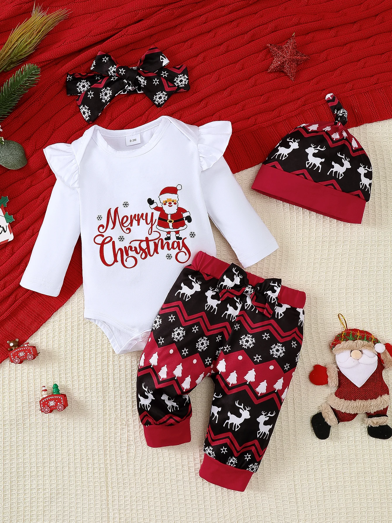 

Winter 0-1 Years Old Infant Baby Girls Long-Sleeved Top And Pants Christmas Elements 2-Piece Set
