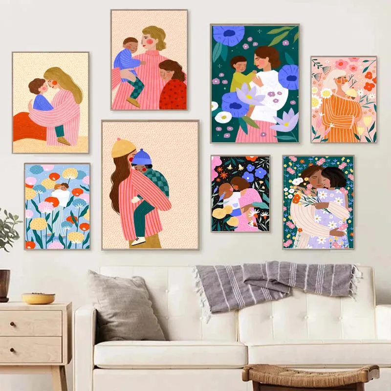 Motherhood Art Print Canvas Painting Young Mum and Kids Poster Maternal Love Floral Nursery Kids Room Home Decoration