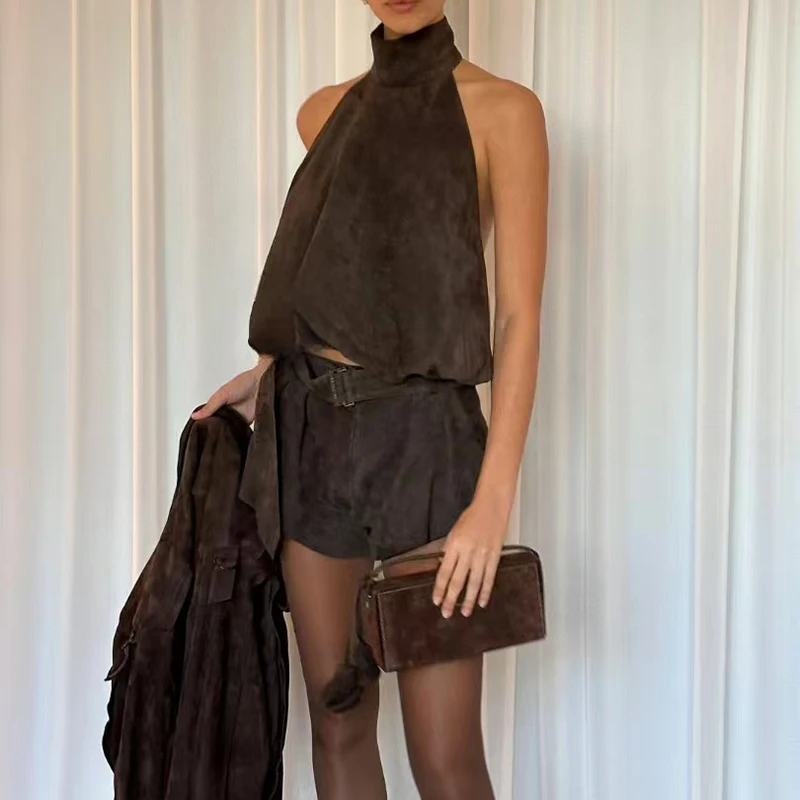 

Women's suede bud backless top, fashion sexy sleeveless tank top, high quality shorts top set, spring, new, 2025, y2k