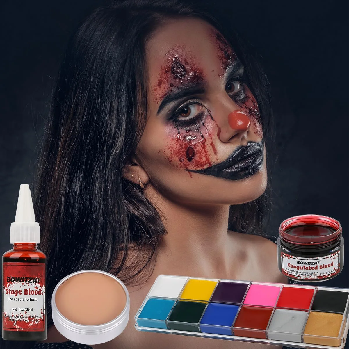 Bowitzki SFX Gesichts- und Körperbemalung, Halloween-Make-up-Spezialeffekte, gefälschtes Blutnarbenwachs, aufgelöster Aschepulver mit Schwammpinsel