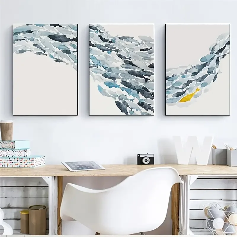 (3PCS Unframe)3PCS Watercolor Fish Group Wall Art Canvas Posters Golden Fish Blue Prints Canvas Paintings For Living Room Kitche