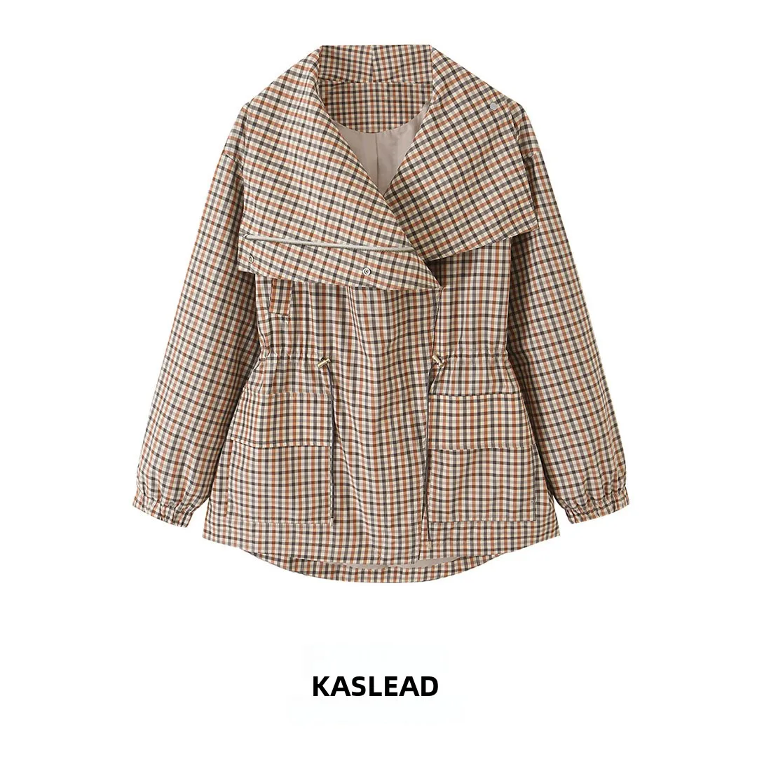 KASLEAD Women's Plaid Belted Waistcoat Drawstring Design Versatile Outerwear Long Sleeve Midi Coat Double Breasted Polyester