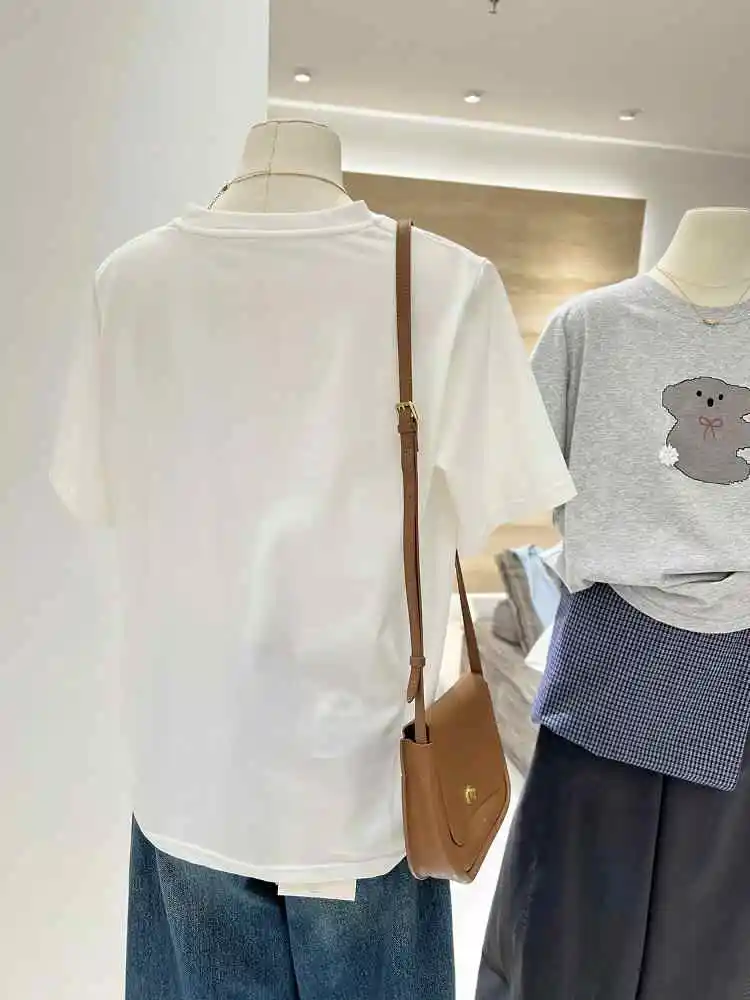 Sommer Gedruckt Baumwolle T-shirt für Frauen Rundhals Kurzarm Bär Muster Weibliche Tees Koreanische Casual Mode Applikationen Top