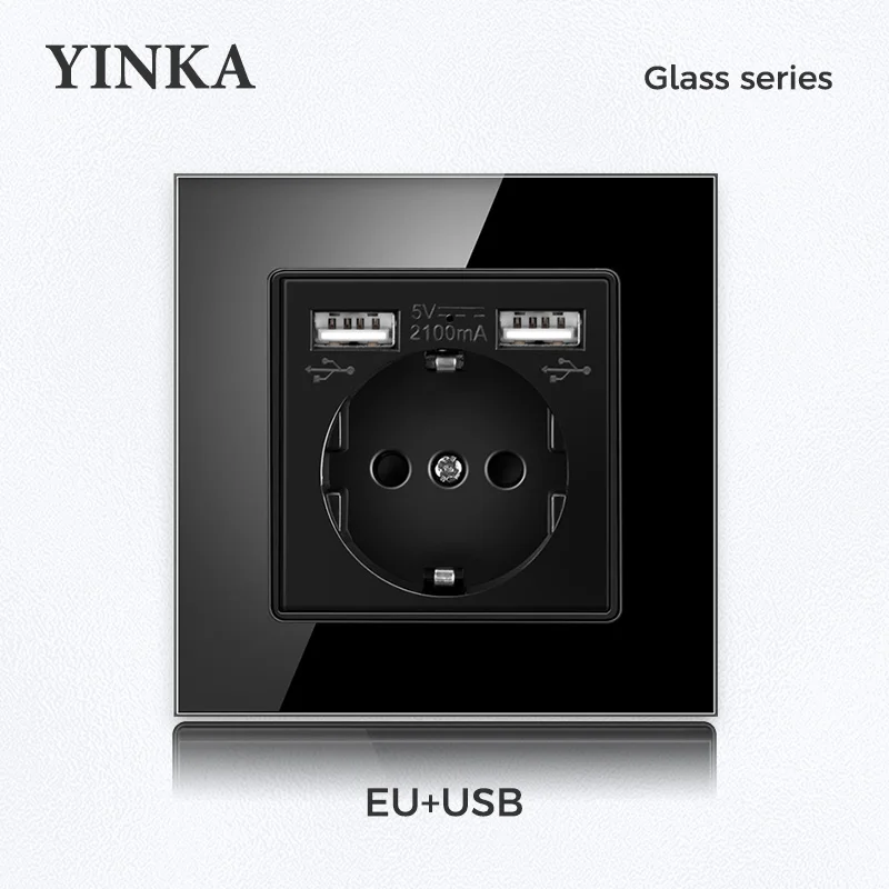 YINKA Tempered Glass Switch Panel LED Indicator 1-4Gang Light Switch EU 2USB Wall Sockets Push Button Hight Quality Wall Switch