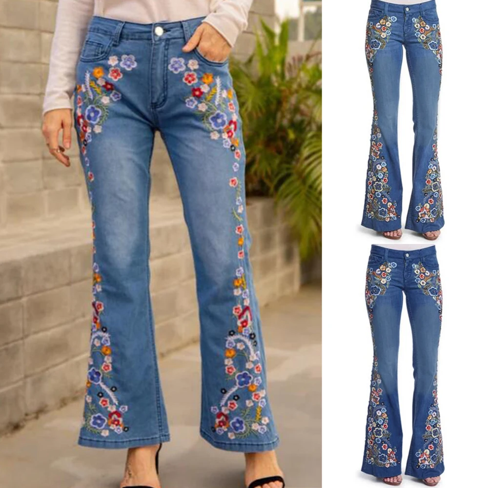 Women's Bell Bottom Jeans Dark/Light Blue Stretch Trousers for School Office Party Outerwear