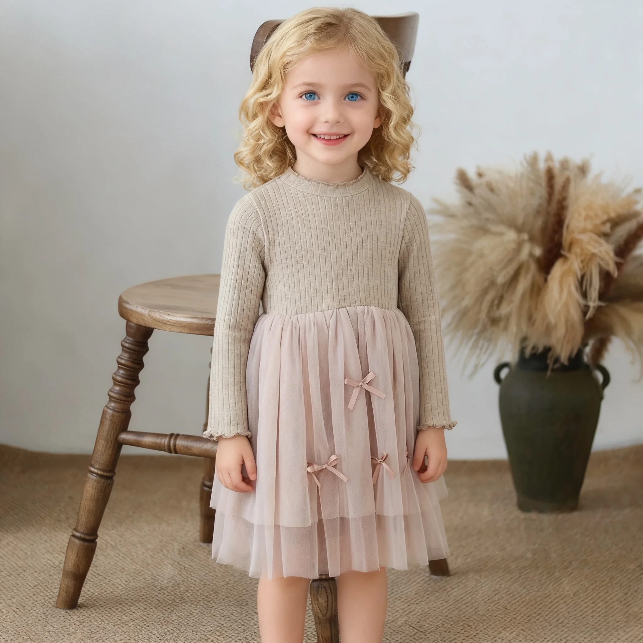 Autumn Winter Long Sleeve Girls Dress with Butterfly Knot Fairy Princess Costume for Birthday Party 2-7 Years Old
