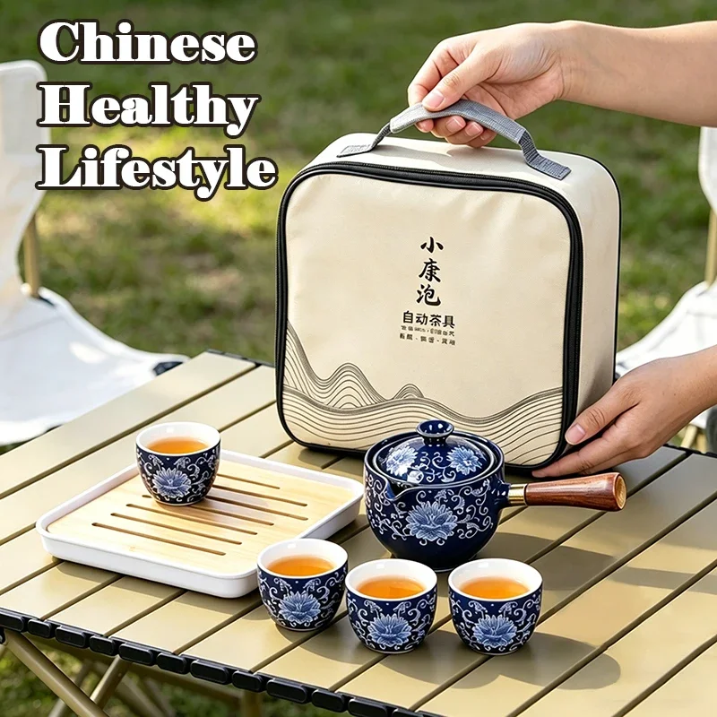 

Chinese Travel Kung Fu Tea Set Dropship Portable Ceramic Anti-scald Rotating Teapot with Bag for Outdoor Camping 4-cups Set Home