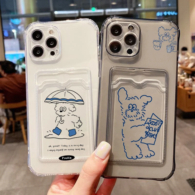 For iPhone 16 Pro Max Case INS Korea Umbrella line Dog Card Hold Case For iPhone 15 14 13 12 11 XS X XR 7 8 Plus SE 3 2022 Cover