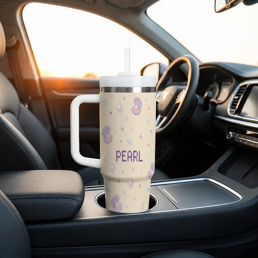 Pixel Wave Retro 40oz Tumbler with Handle Straw Stainless Steel Insulated Travel Mug Cute Ocean Gift for Women Girls