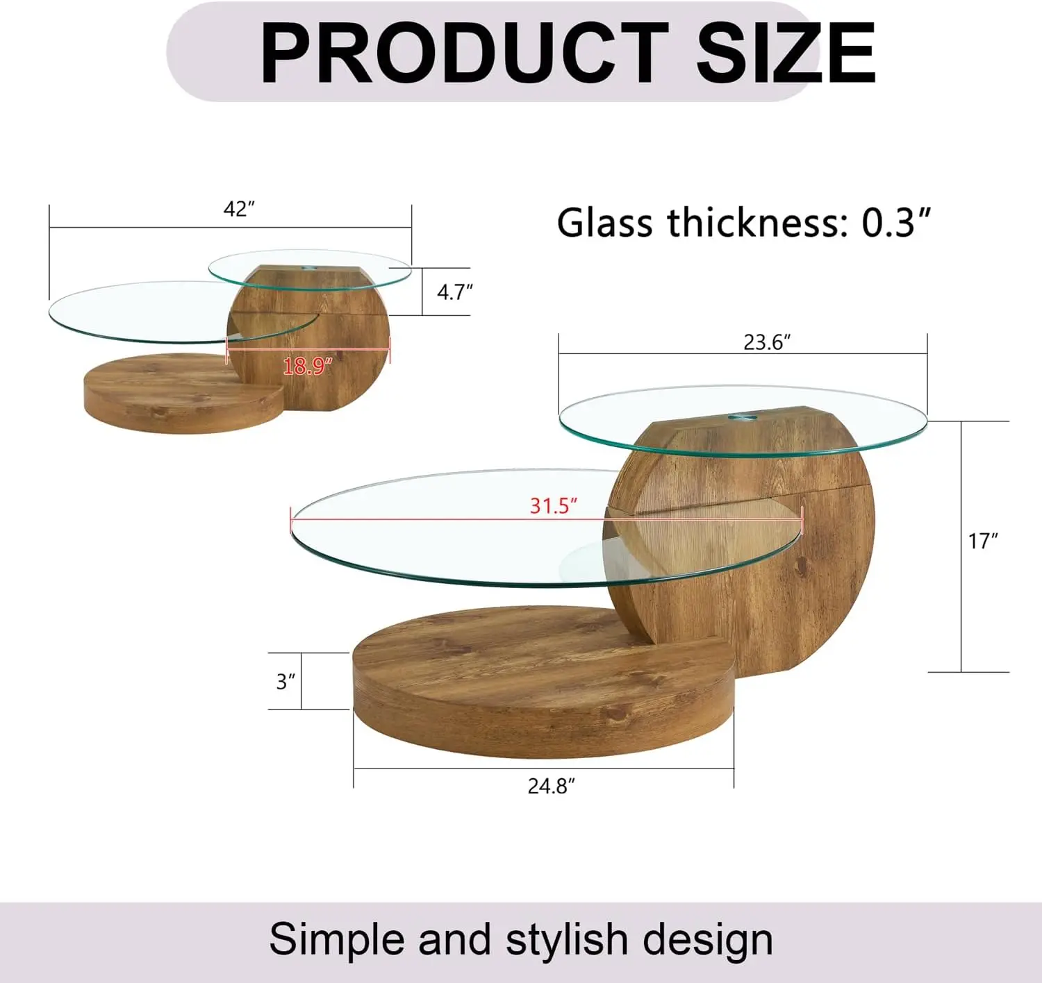 42 Inches Glass Coffee Table, Modern Round Tempered Glass Coffee Tables for Living Room, 3-Tier Circle Wood Coffee Table with St