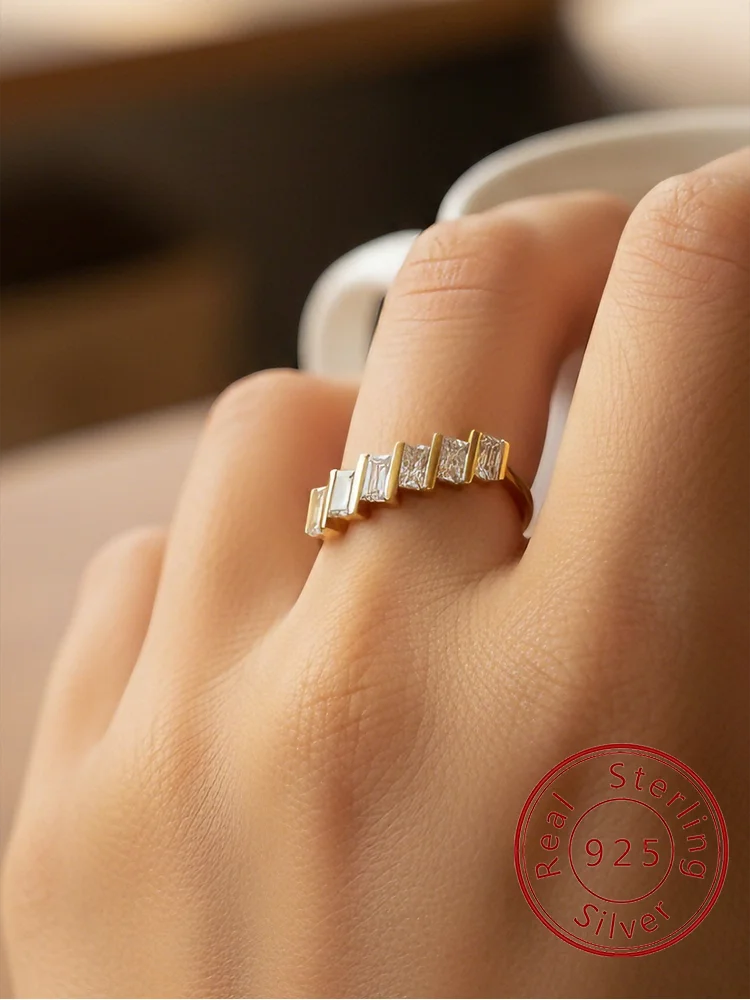 Modische Schritte aus 925er-Sterlingsilber, rechteckiger Zirkon-Ring für Frauen, Verlobung, Hochzeit, luxuriöser, hochwertiger edler Schmuck