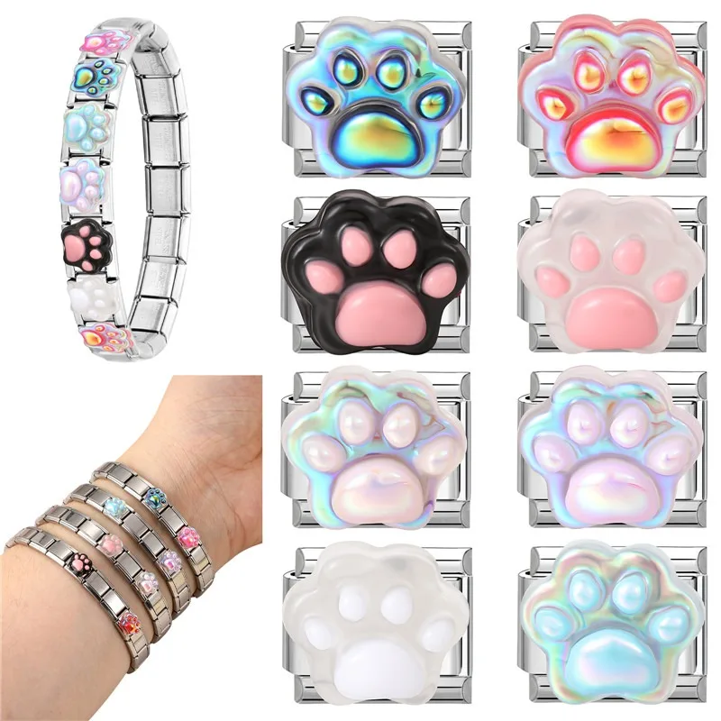 New Shiny 3D Relief Resin Cat Paws Leopard Print Background Italian Charm Links Fit 9MM Stainless Steel Bracelet DIY Making Gift