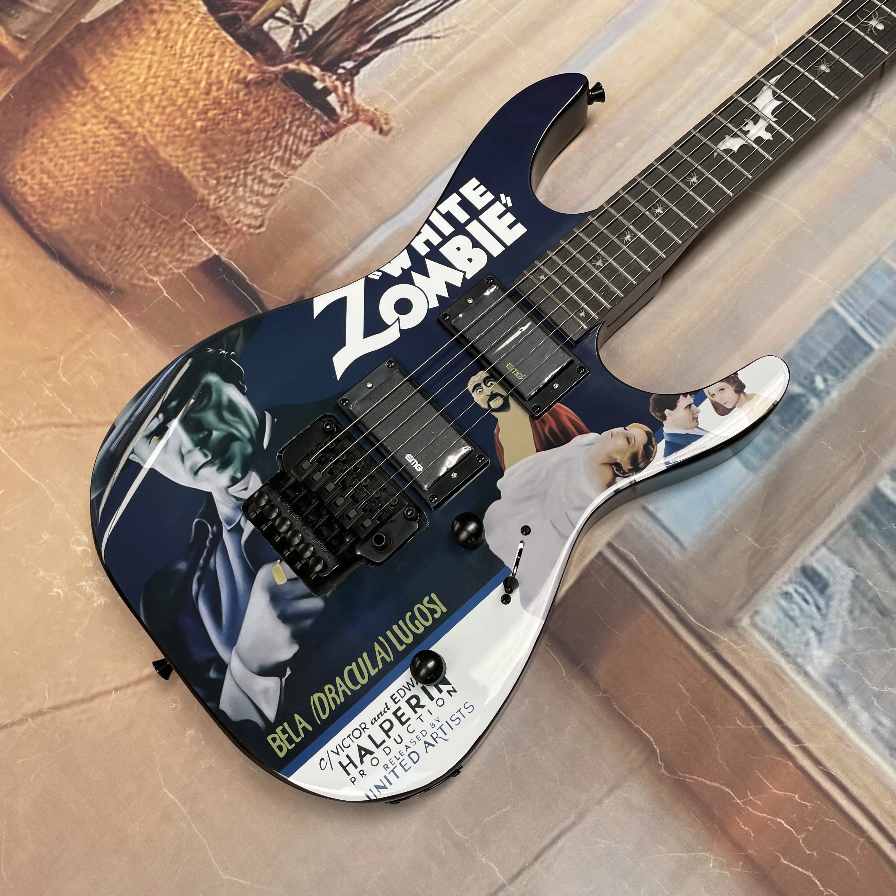 

6-string art finish electric guitar with HH pickups,vibrato system,black hardware guitars,gift and collectible electric guitarra