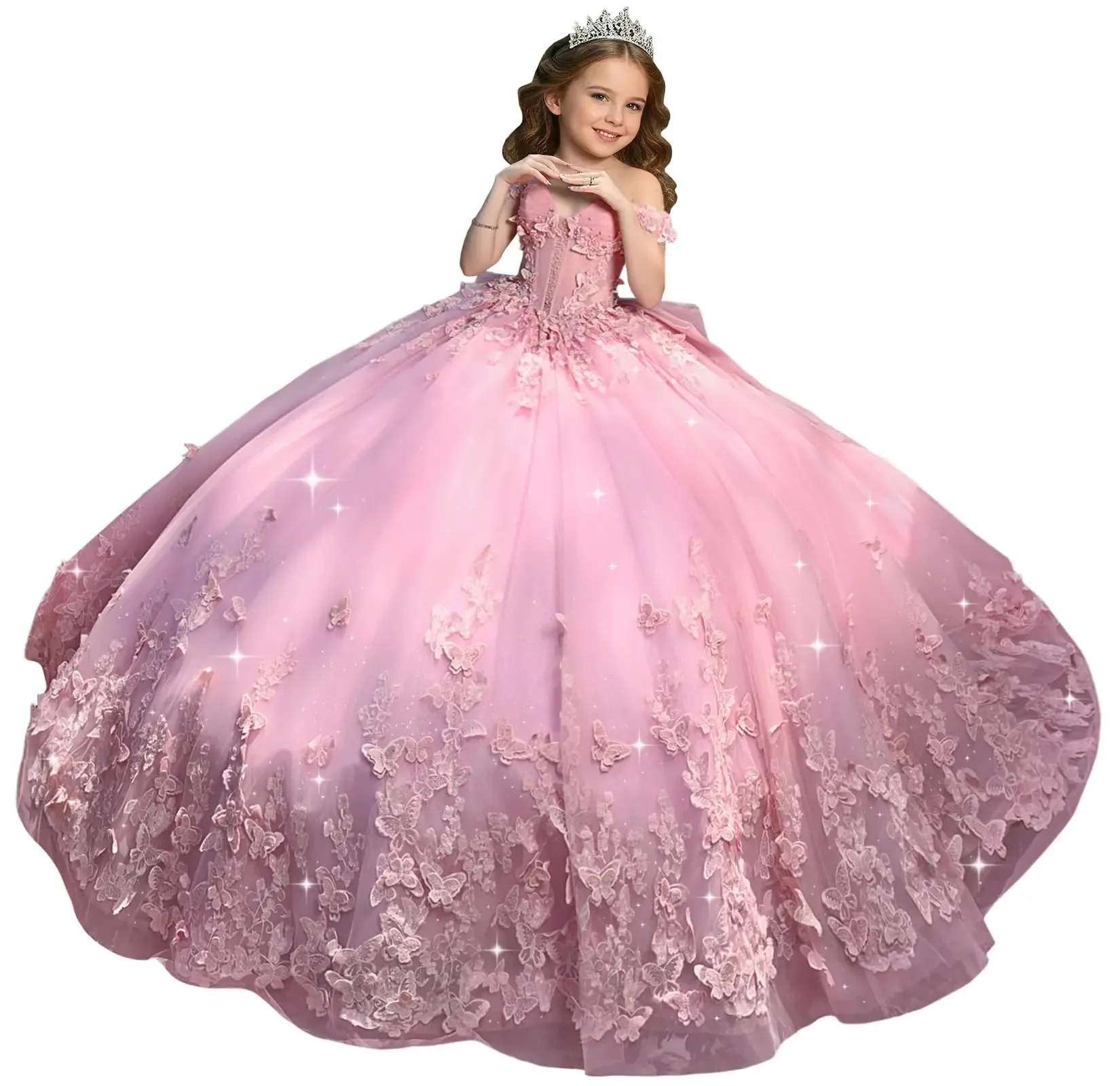 Flower Girl Dress 3D Butterfly with Ruffled Lace Applique Little Girl Prom Dress with Bow Pearl Girl Pageant Dress Customized