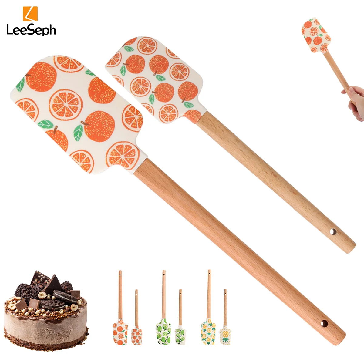 Leeseph Silicone Spatula Set of 2, Cake Decorating Wooden Handle Spatula, for Scraping Cooking Baking and Mixing, Kitchen Baking