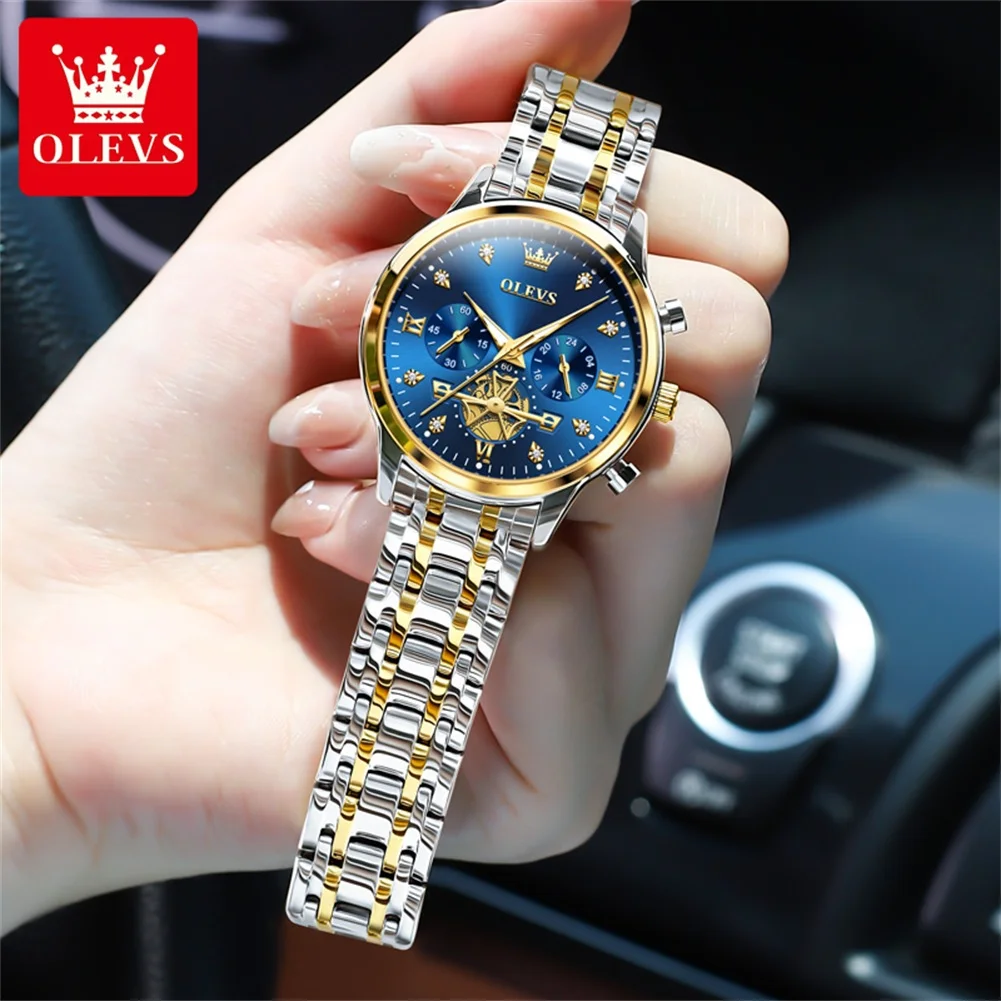 OLEVS Original Quartz Watch for Women Stainless Steel Waterproof Luminous Chronograph Luxury Top Brand Elegant Ladies Wristwatch