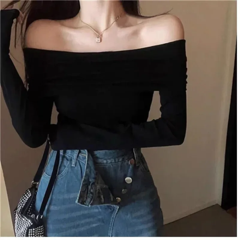 Spring Autumn New Spicy Girl Slim Fit Short Red Crop Top Black Sexy Tops Off Shoulder Long Sleeve T-shirt Women's Solid Elegant