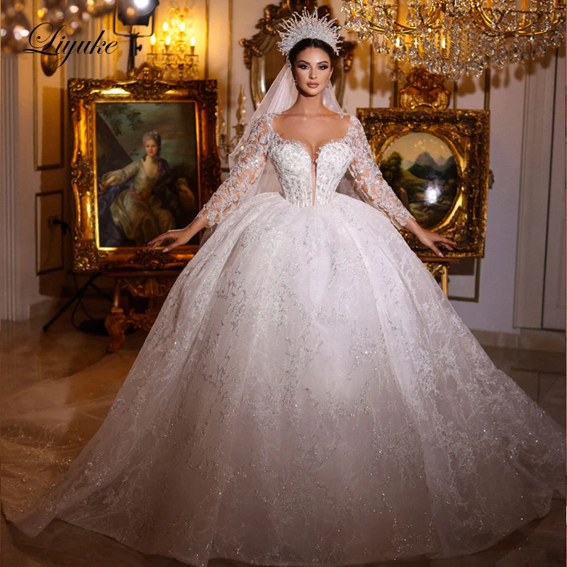 

Liyuke Exquisite Ball Gown Wedding Dresses Full Sleeve Glitter Beading Pearls Embroidery Lace Princess Bridal Skirts