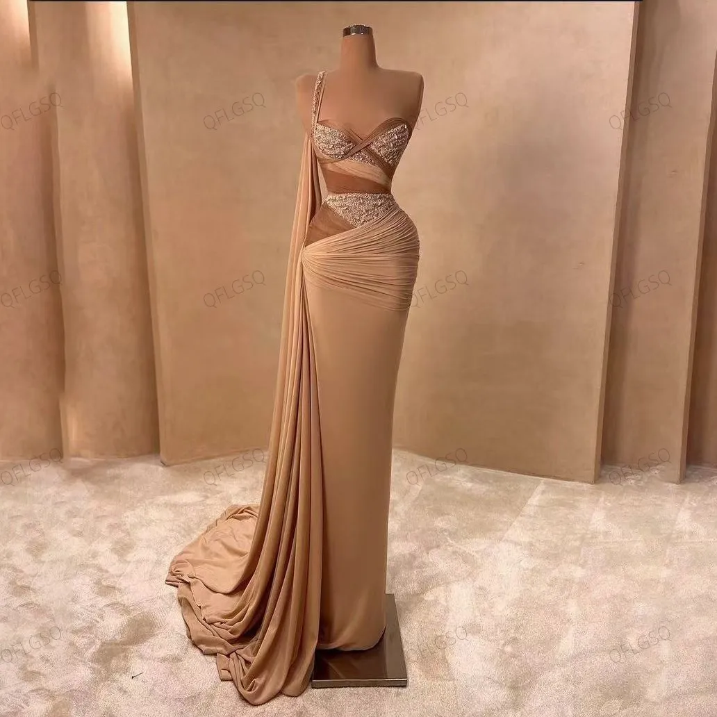 

Champagne Formai Dresses Beaded Straight Women Party Gowns Sexy Pleated Sweetheart Beading Prom Dress Long Spaghetti Arabic
