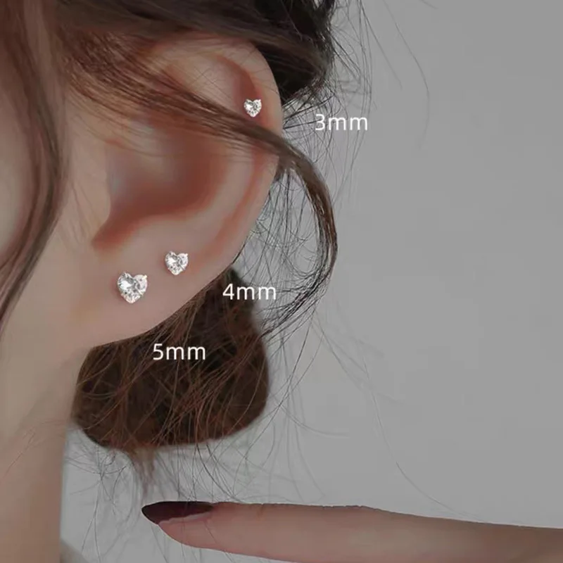 925 Sterling Silver Allergy Prevention Piercing Bone Mini 3/4/5MM Heart Stud Earring For Women Ear Hole Care Accessories