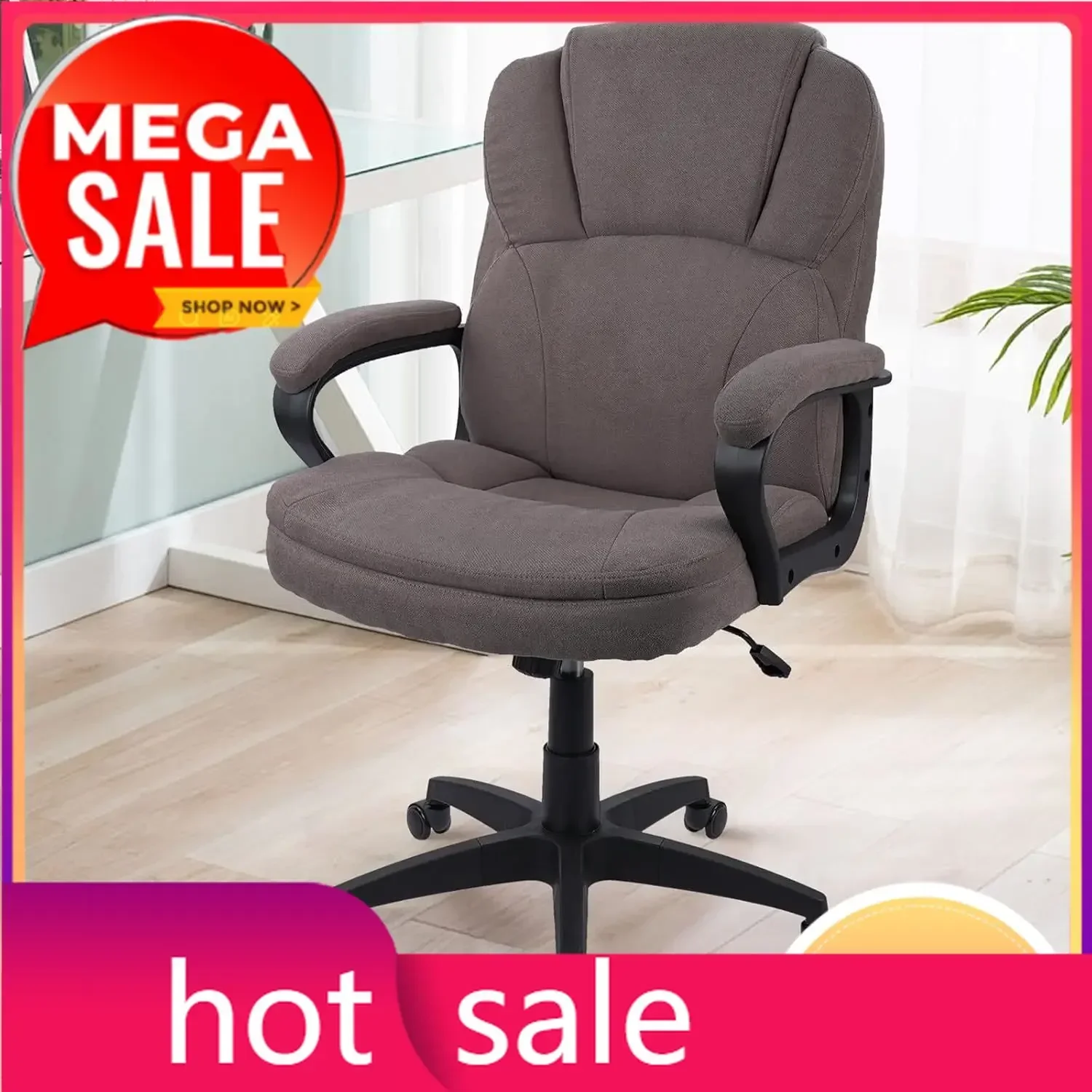 Brown Cloth Office Chair Fabric Covered Desk Chair, Adjustable Height Swivel Chairs Ergonomic Executive Chair with Arms and Whee