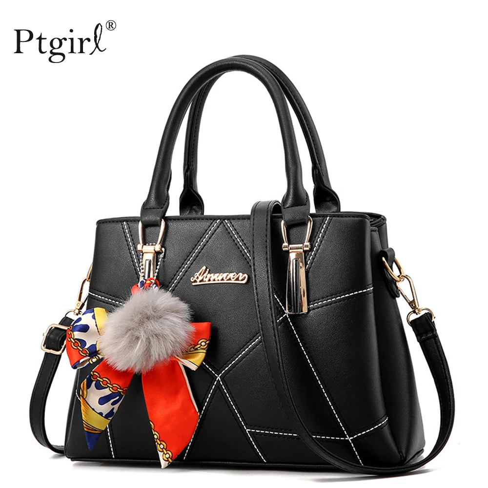 PU Leather Ladies HandBags Women Vintage Purse Plush Tassel Messenger Bags Tote Boston Shoulder Women Plush Ball Decor Handbag
