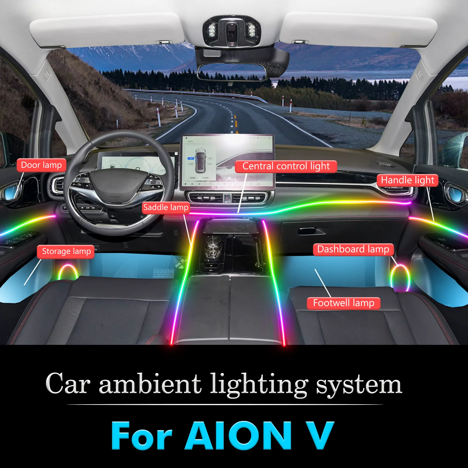

For AION V RGB 64 Colors LED Car Interior Ambient Light Smart Remote Control Rainbow Acrylic Strip Set