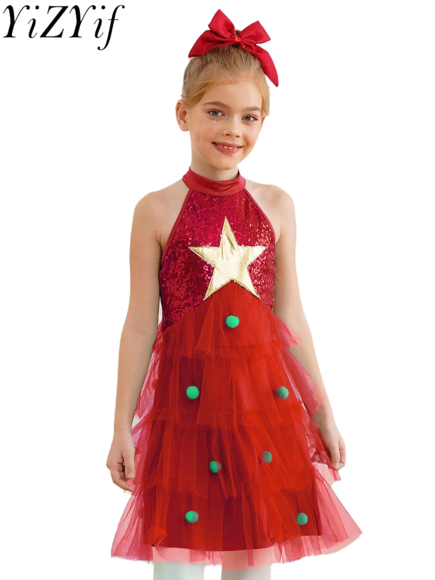 Girls Christmas Tree Xmas Dress Halter Neck Sequins Pompom Mesh Tiered Tutu Dance Dress Party Costume Mesh Elf Dance Dress