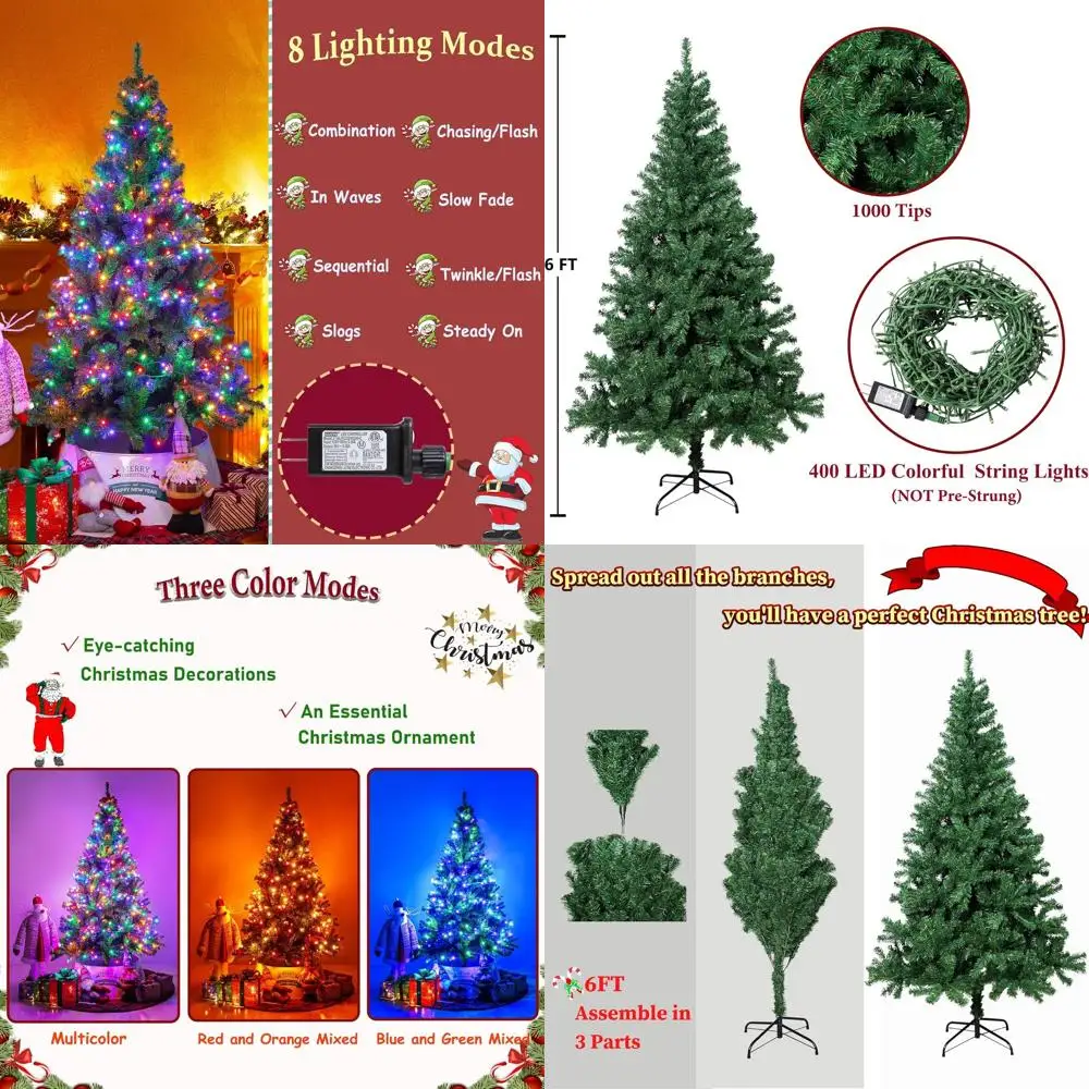 

6ft Tall Artificial Christmas Tree with 400 LED Multicolor Lights, 8 Modes, Red Stand, 1000 Tips, Xmas Decor (Multicolor)