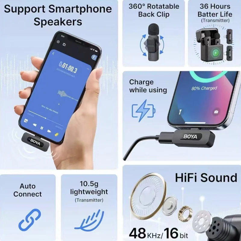

Wireless Lavalier Microphone 3-Level AI Noise Reduction for Phone Live Stream Recording All-in-one Design Wireless Microphone