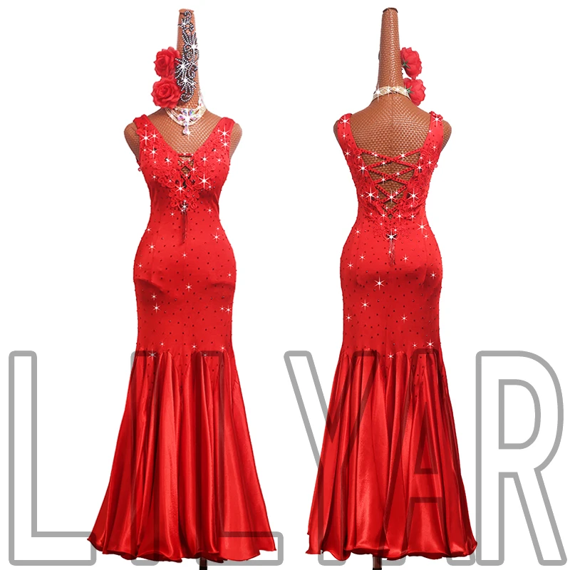 New Modern Dance Skirt Competition Performance Dress Big Red Slim Fit Big Swing Sparkling Diamond Long Dance Skirt