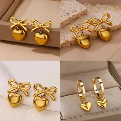 Cute Bow Heart Earrings for Women Stainless Steel Gold Color Heart Stud Earrings 2024 Trend Piercing Jewelry Wedding Party Gift