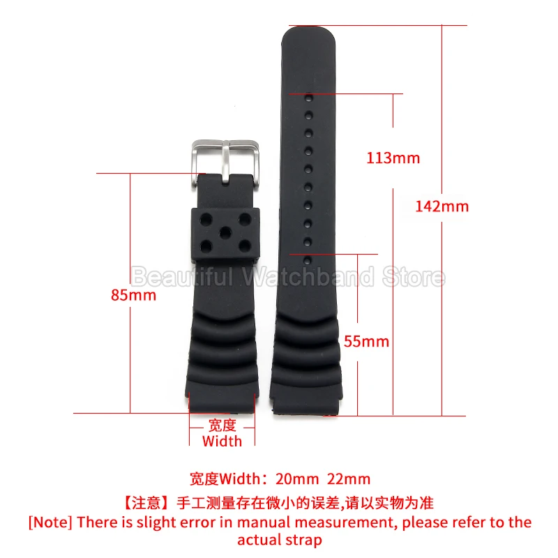 20 22mm Black for Seiko 5 Mini Turtle Silicone Watch Strap Stainless Buckle Special Interface Low Maintenance Shock Absorbent