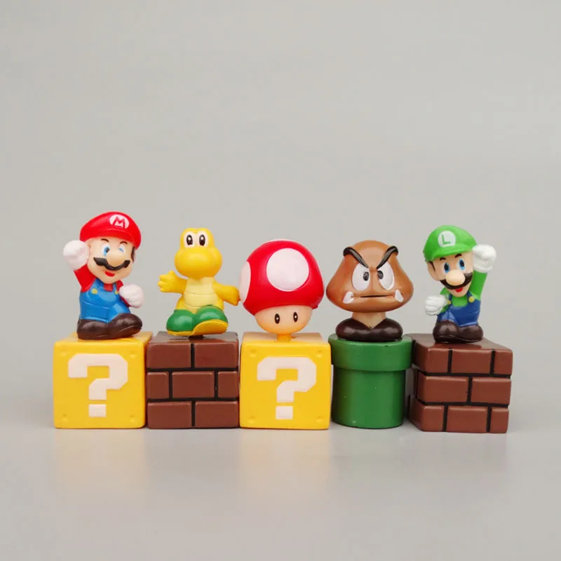 

5pcs Super Mario Bros Cartoon Figure Collectible Puppets Model Toy Luigi Shy Guy Mushroom Desktop Cake Decoration