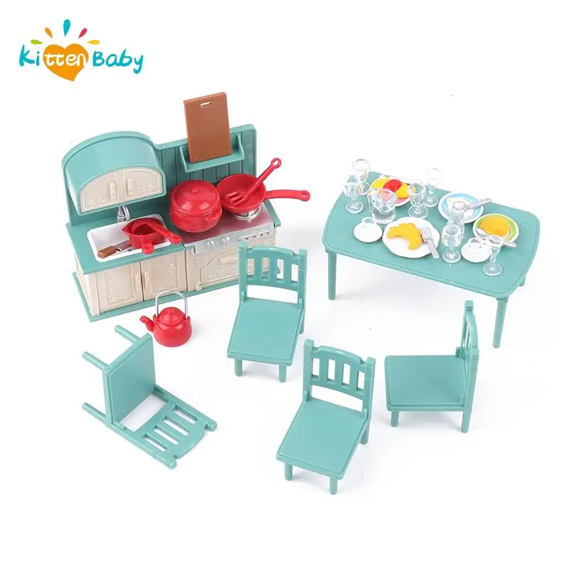 

Cute Kawaii Miniature Kitchen Cupboard Cooking Utensils Dining Table Chair Set Dollhouse Furniture Accessory Kids Toys