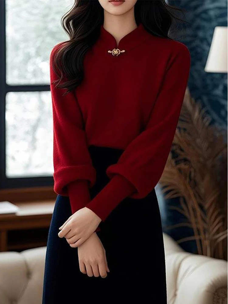 Czerwony Długi Sweter Dzianinowy Nowy Chiński Styl Uliczny Premium Jakość Okrągły Dekolt Bez Zapięcia Wysokiej Klasy Jesienno-Zimowy Top