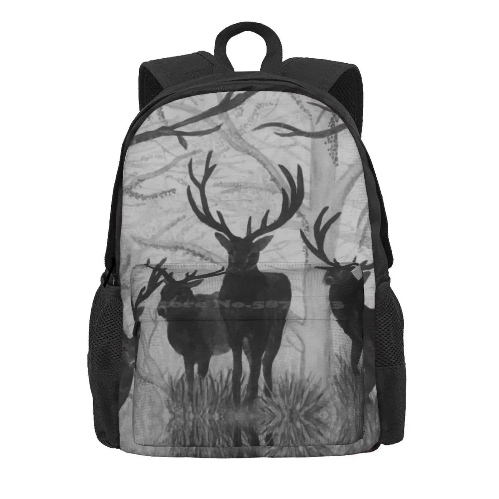 Deer Hot Sale Schoolbag Backpack Fashion Bags Deer Animals Winter Buck Doe Trees Woods Watercolor Black White Grey Hunting