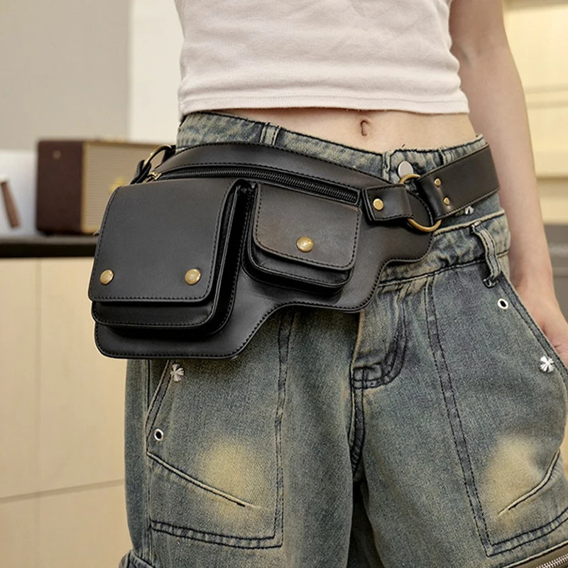 

Vintage Studded PU Leather Bag Outdoor Cycling Waist Pack Sports Belt Bag Multifunctional Mobile Phone Storage Bag