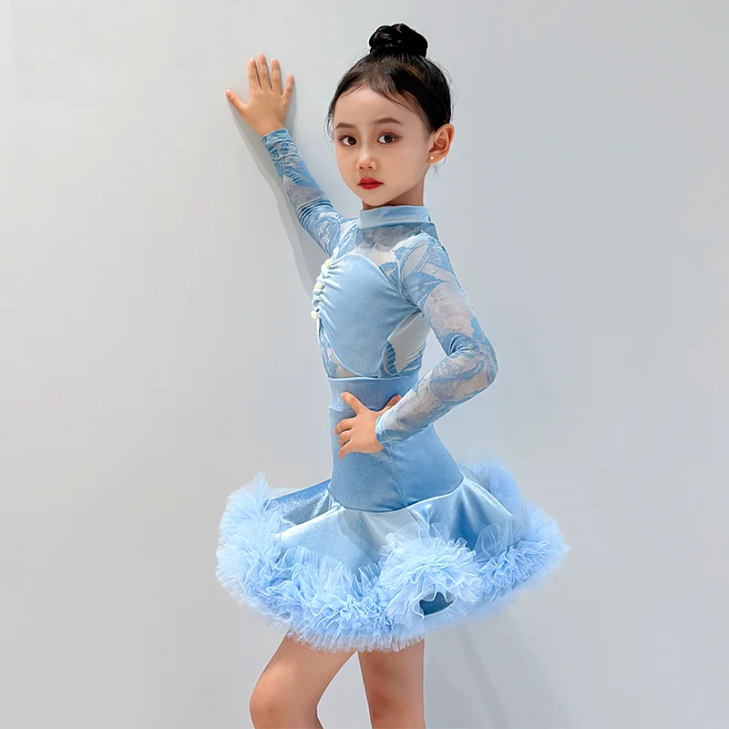 sala da ballo Maglia di velluto di pizzo vestito latino ragazza danza americana rumba cha cha samba tango costume competizione pratica usura bambini Bambino