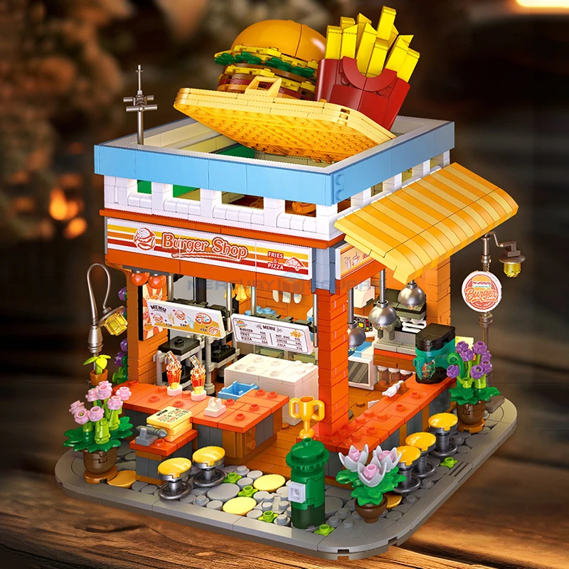 Burger Shop Fast Food Restaurants Model Building Blocks MOC JJ9082 City Street View Store Modular Bricks Set Gift Toy Kids Adult