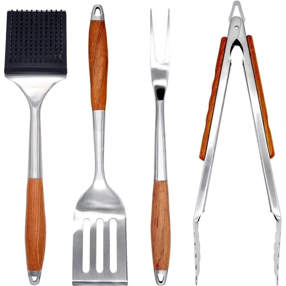 

Аксессуары для гриля, набор для барбекю на открытом воздухе с лопаткой, вилкой, щеткой и щипцами, инструменты для гриля из нержавеющей стали с нескользящими деревянными ручками